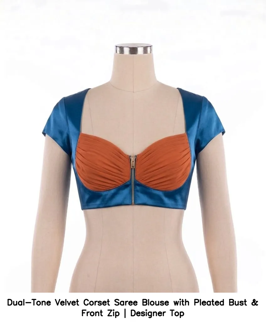 Dual-Tone Velvet Corset Saree Blouse with Pleated Bust & Front Zip | Designer Top 4