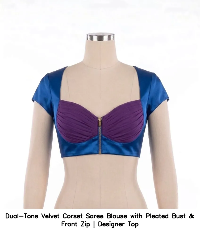 Dual-Tone Velvet Corset Saree Blouse with Pleated Bust & Front Zip | Designer Top 5