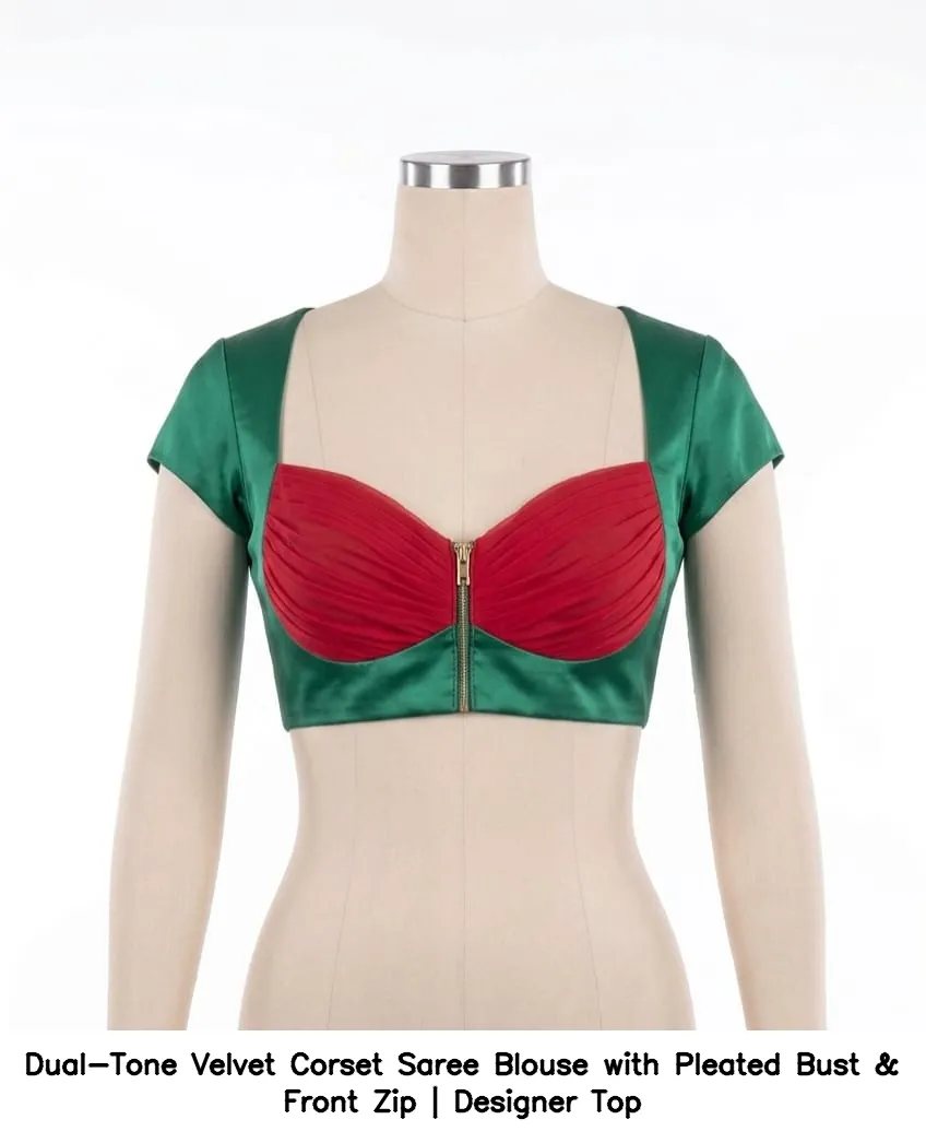 Dual-Tone Velvet Corset Saree Blouse with Pleated Bust & Front Zip | Designer Top 6