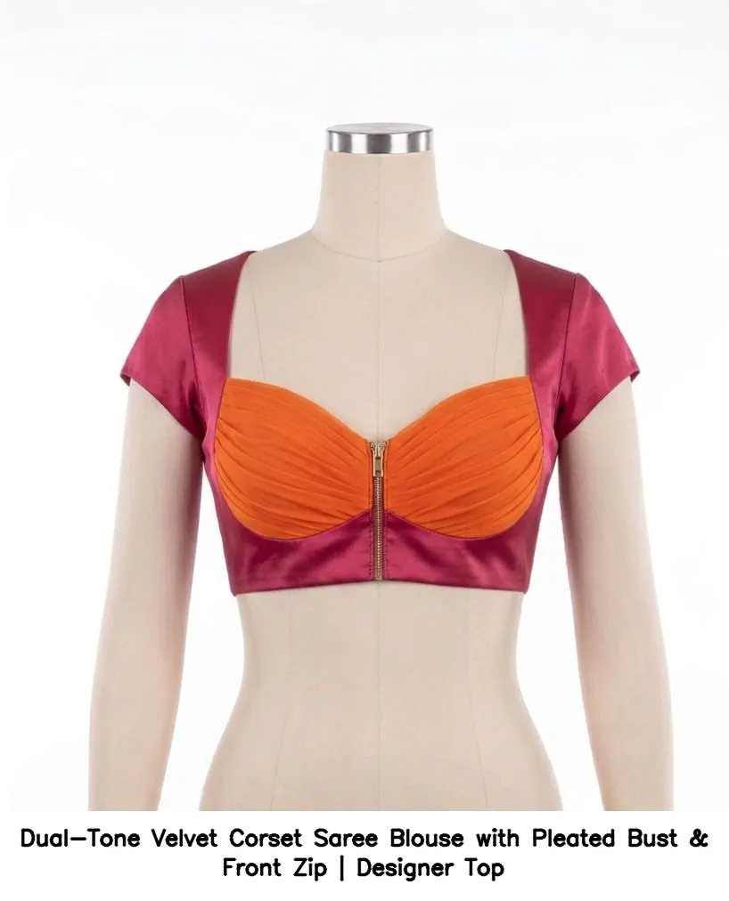 Dual-Tone Velvet Corset Saree Blouse with Pleated Bust & Front Zip | Designer Top 8