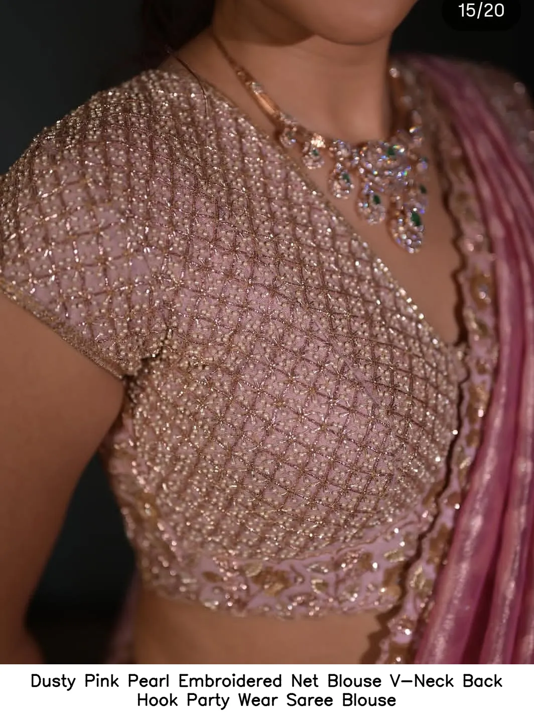Dusty Pink Pearl Embroidered Net Blouse – V-Neck Back Hook Party Wear Saree Blouse 3