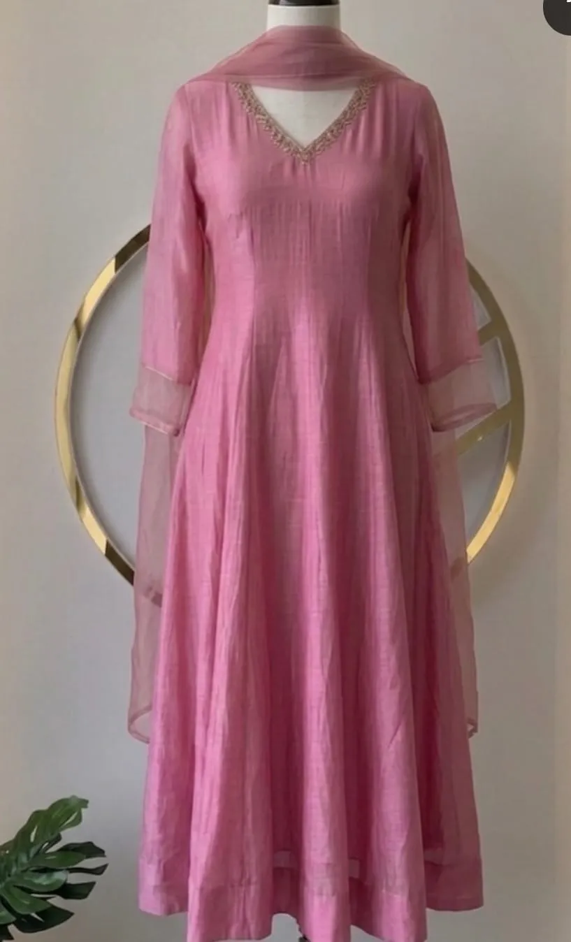 Dusty Pink Tissue Silk Flared Anarkali Suit with Embroidered V-Neck & Dupatta