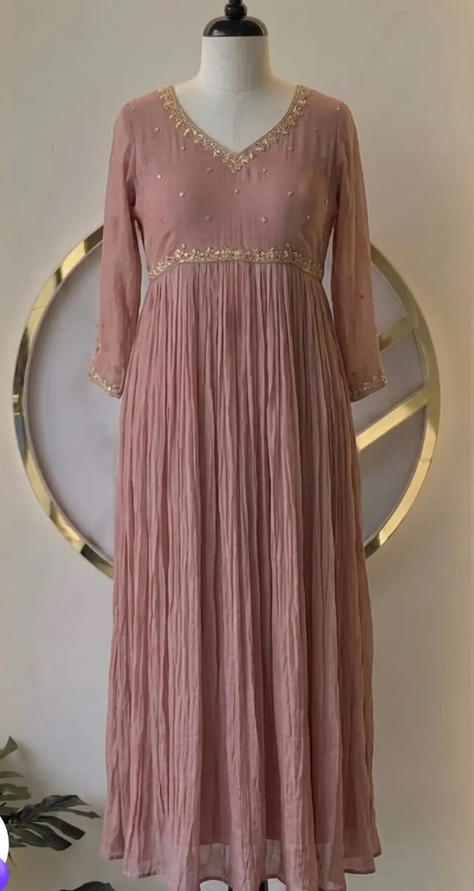 Dusty Rose Pleated Georgette Anarkali Suit - Gold Zardosi Embroidered V-Neck Long Frock
