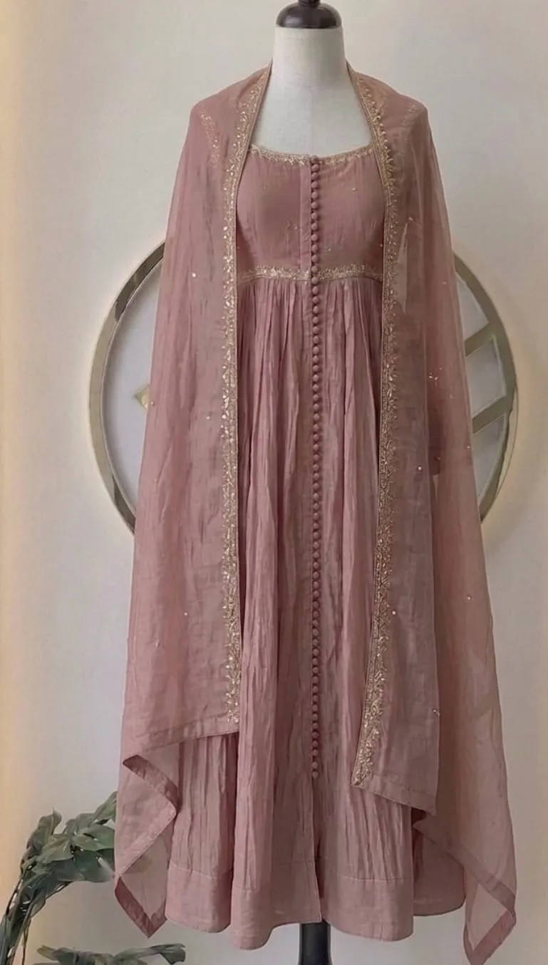 Dusty Rose Tissue Silk Anarkali Suit with Potli Button Placket & Sequin Border Dupatta