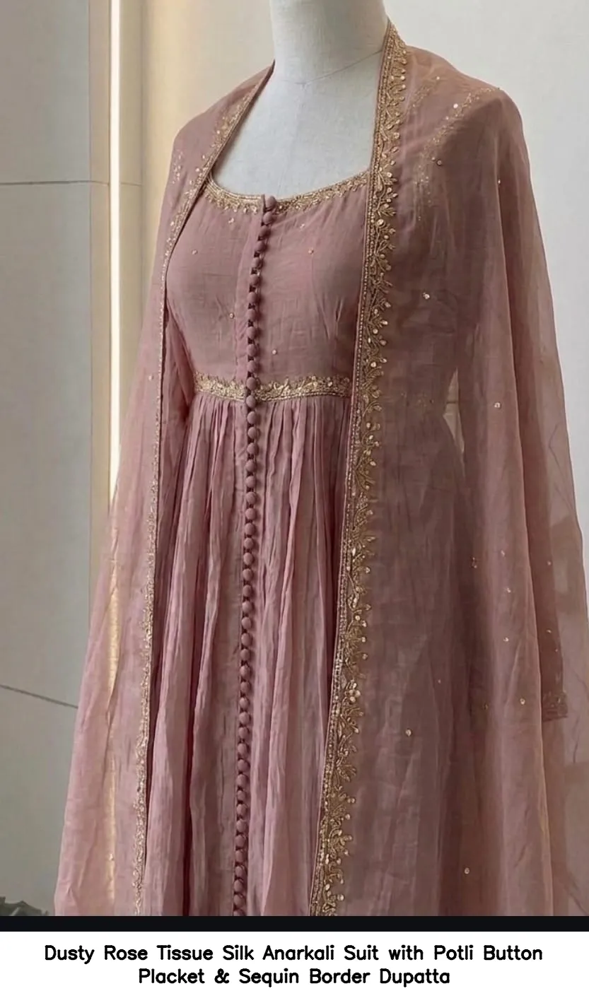Dusty Rose Tissue Silk Anarkali Suit with Potli Button Placket & Sequin Border Dupatta 2