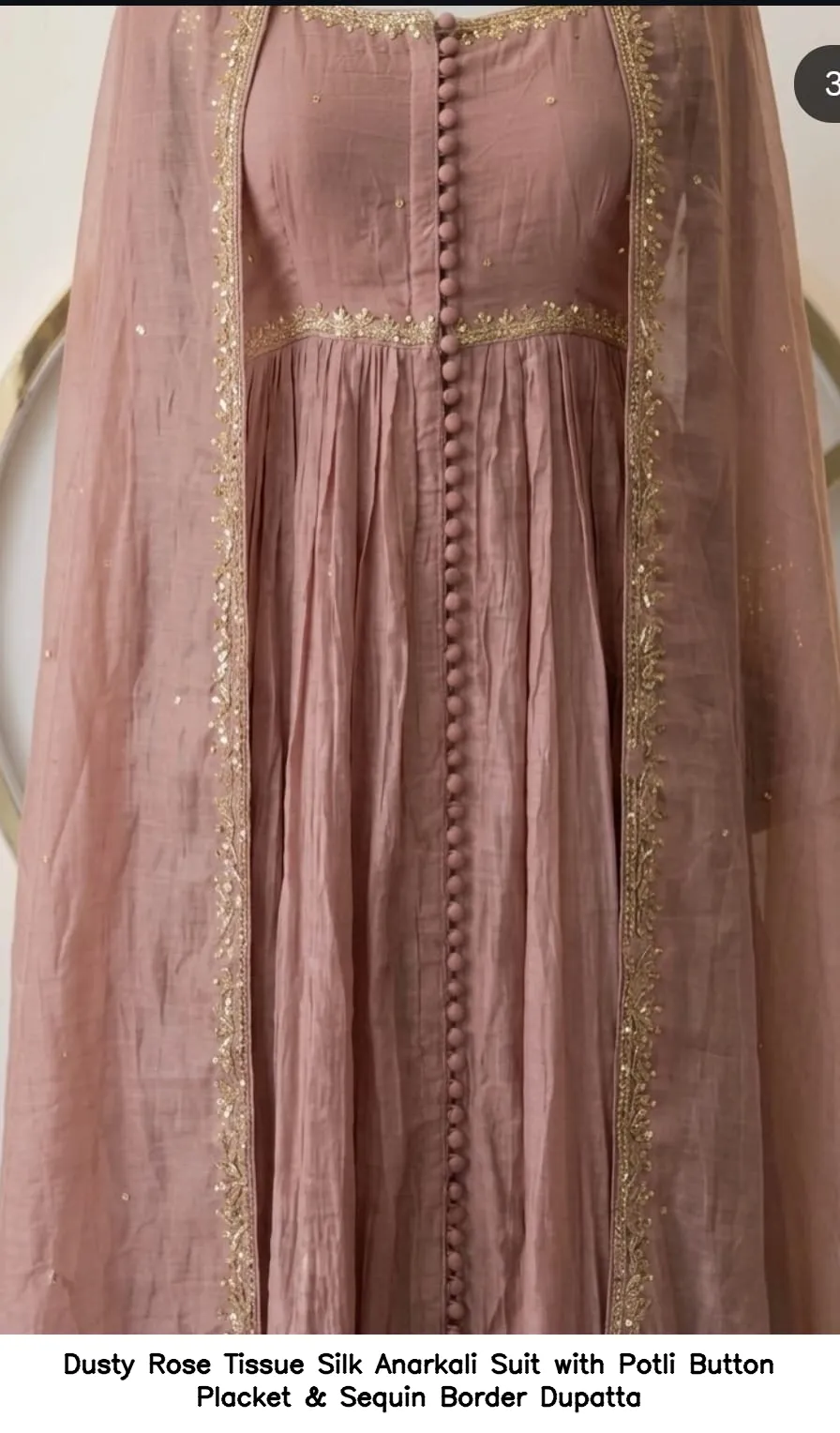 Dusty Rose Tissue Silk Anarkali Suit with Potli Button Placket & Sequin Border Dupatta 3