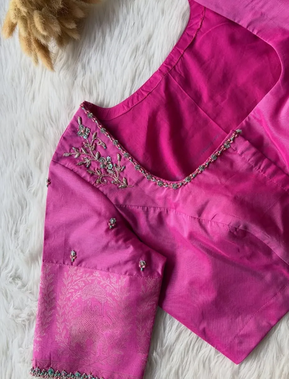 Elegant Back-Button Silk Blouse | Hand-Embroidered Festive Wear