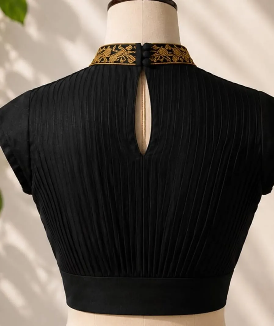 Elegant Black Pleated Designer Blouse with Golden Embroidered Mandarin Collar