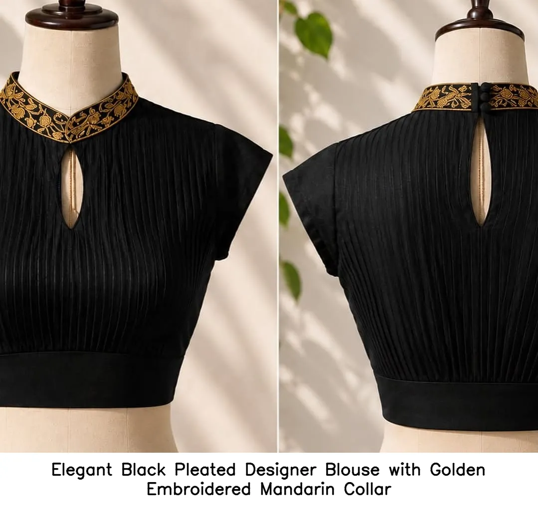 Elegant Black Pleated Designer Blouse with Golden Embroidered Mandarin Collar 2