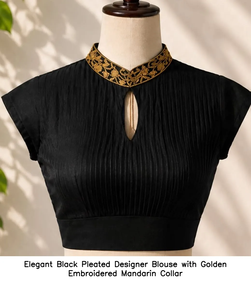 Elegant Black Pleated Designer Blouse with Golden Embroidered Mandarin Collar 3