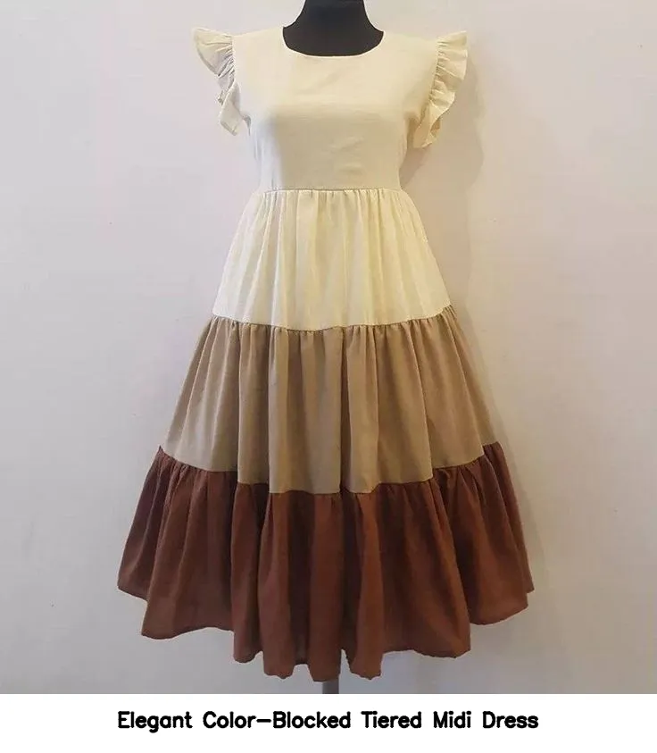 Elegant Color-Blocked Tiered Midi Dress