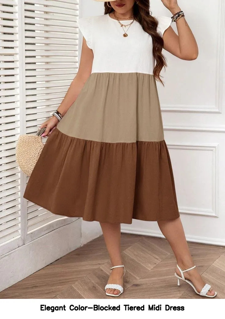 Elegant Color-Blocked Tiered Midi Dress 2
