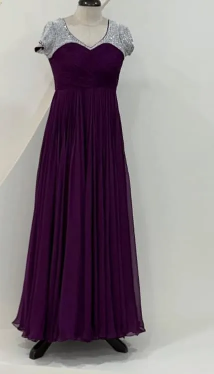 Elegant Deep Purple Pleated Evening Gown with Beaded Cap Sleeves