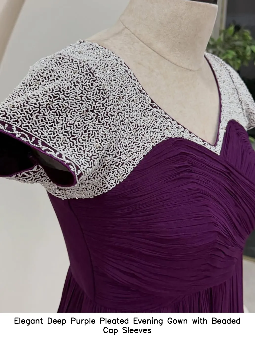 Elegant Deep Purple Pleated Evening Gown with Beaded Cap Sleeves 2