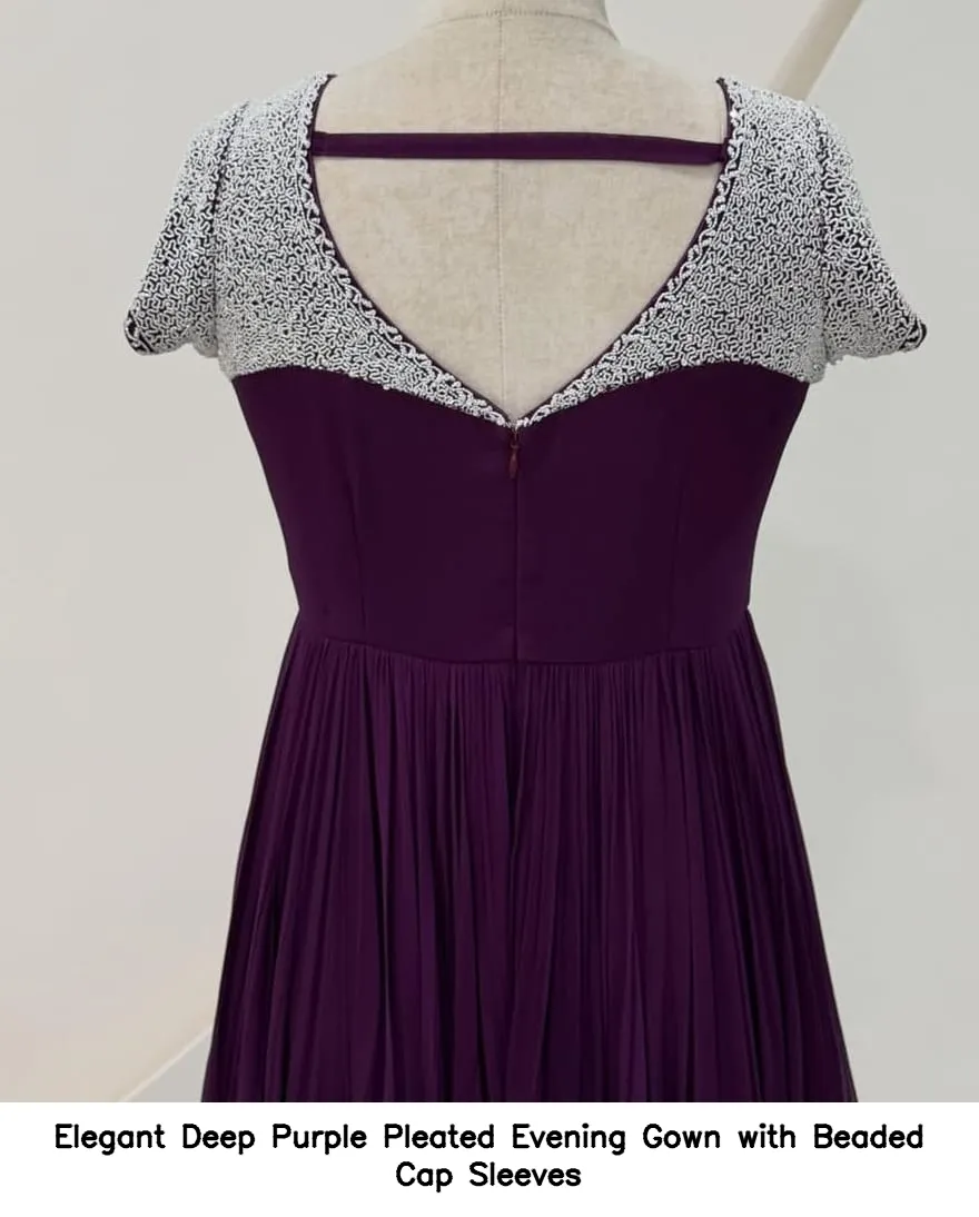 Elegant Deep Purple Pleated Evening Gown with Beaded Cap Sleeves 3