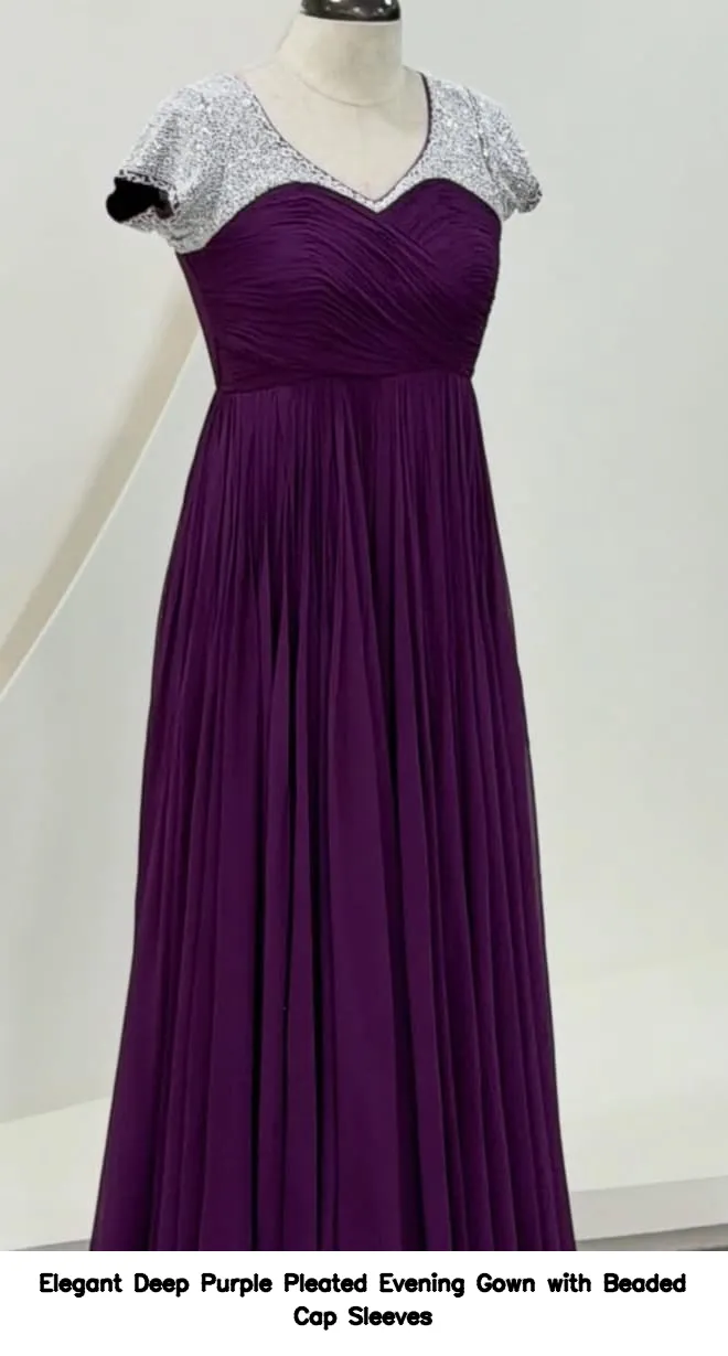 Elegant Deep Purple Pleated Evening Gown with Beaded Cap Sleeves 4