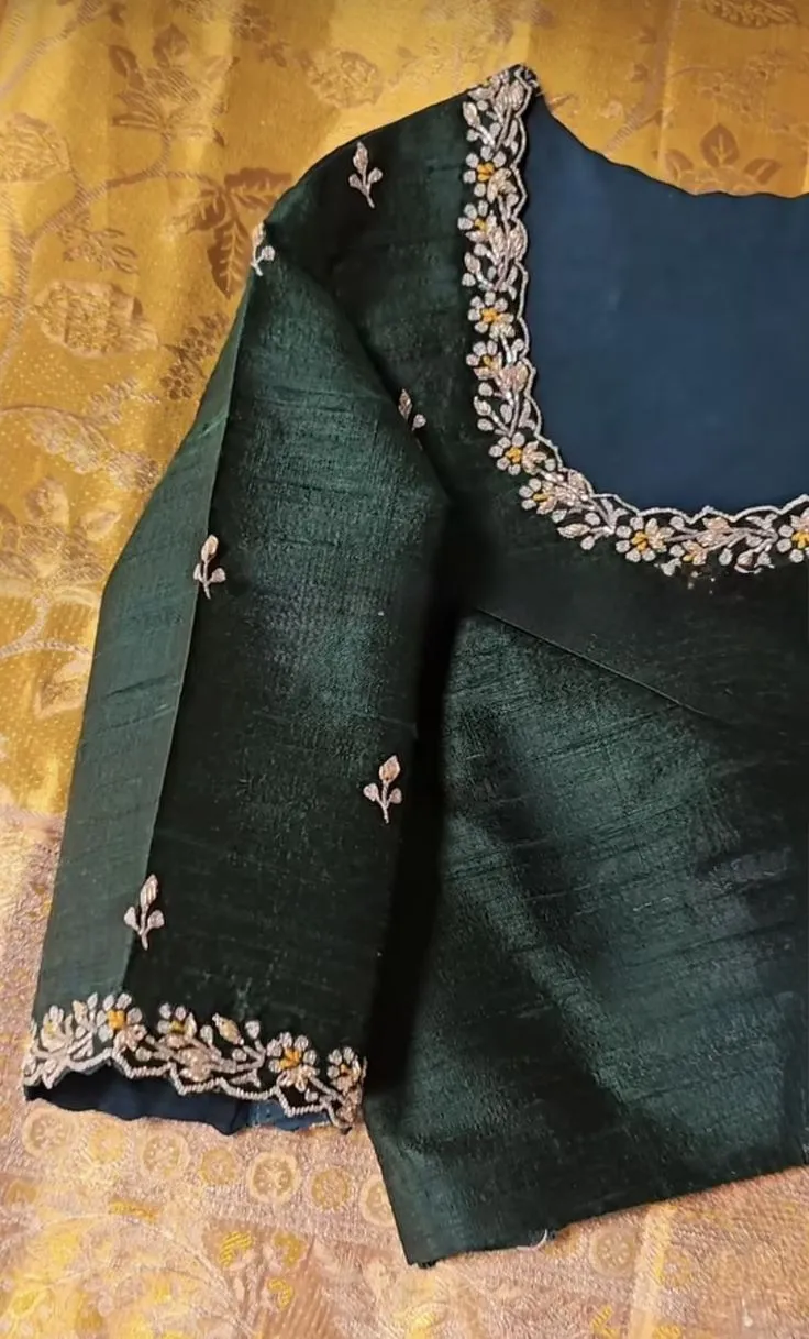 Elegant Emerald Green Silk Blouse | Minimalist Aari Hand-Embroidered Design