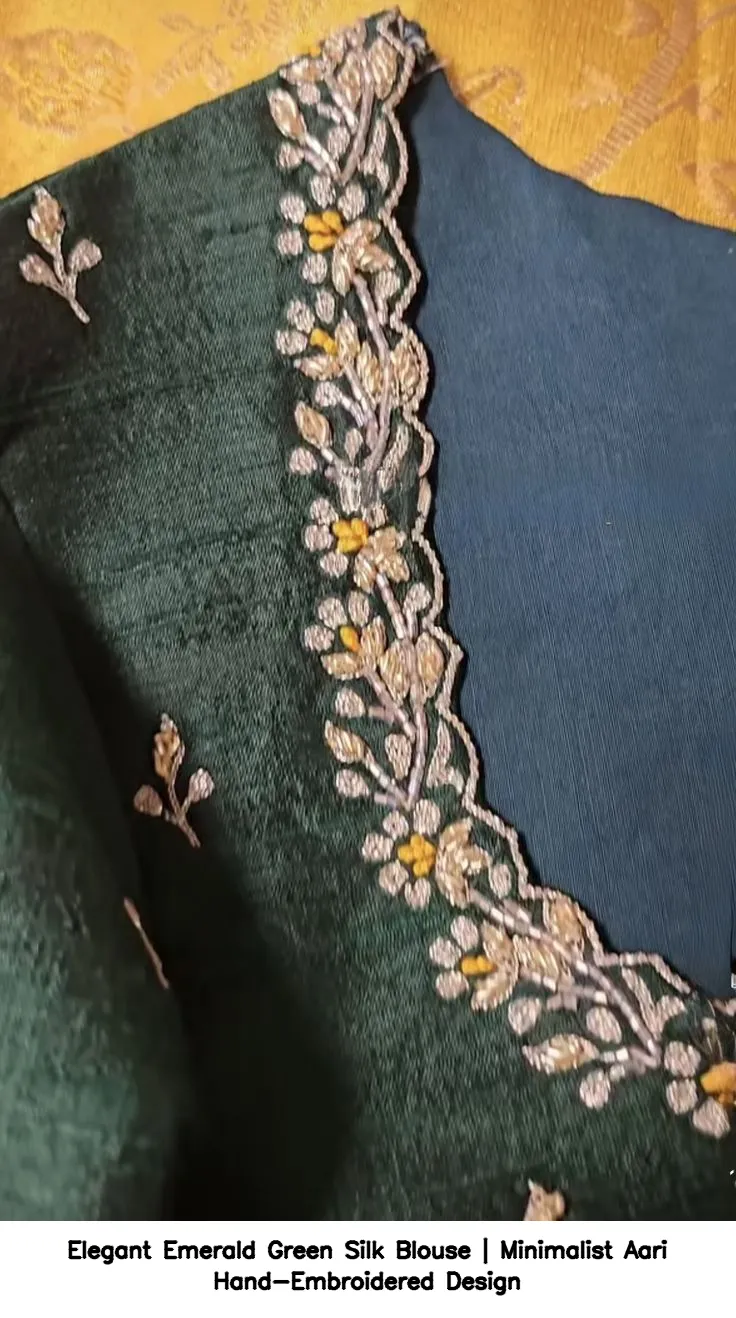Elegant Emerald Green Silk Blouse | Minimalist Aari Hand-Embroidered Design 3