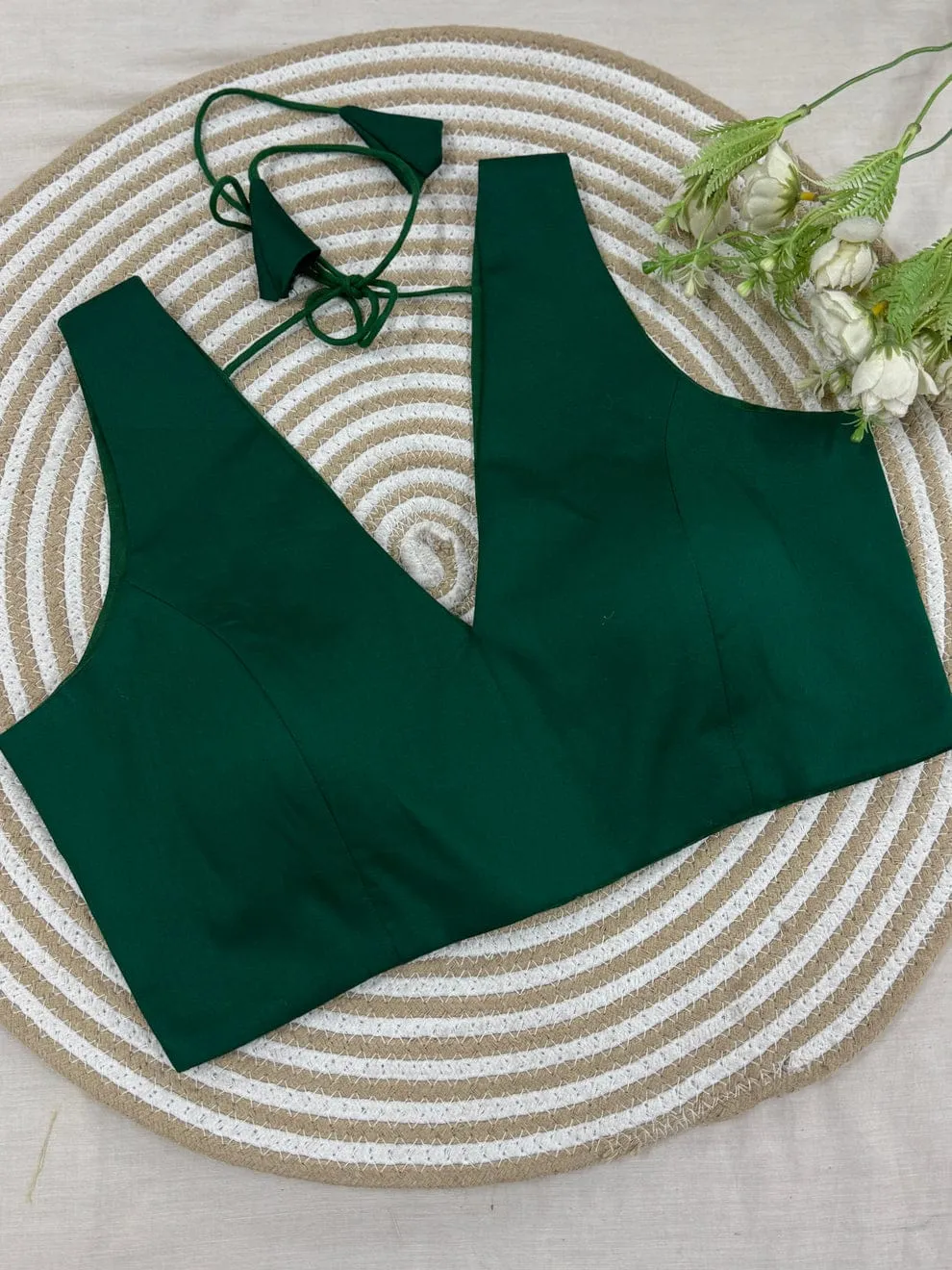 Elegant Emerald Green Sleeveless Blouse with Dori Tie-Back – Ready-to-Wear Silk Saree Blouse 1