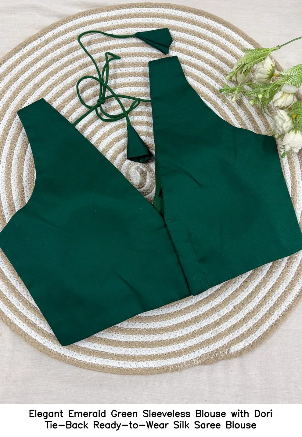 Elegant Emerald Green Sleeveless Blouse with Dori Tie-Back – Ready-to-Wear Silk Saree Blouse 2