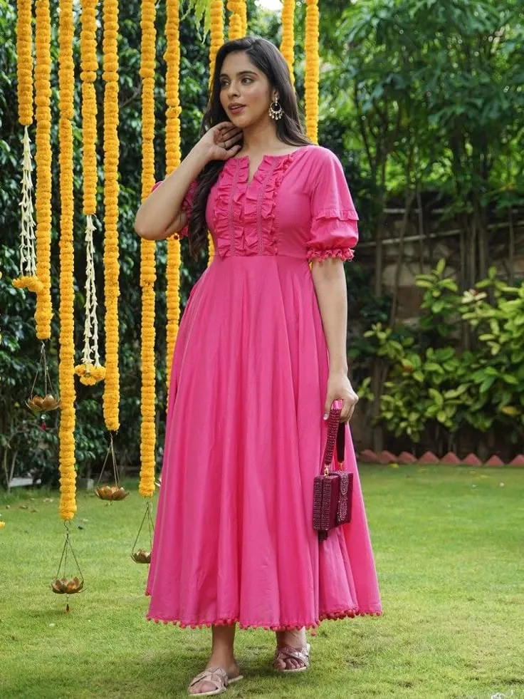 Elegant Hot Pink Ethnic A-Line Dress with Puff Sleeves & Ruffle Trim