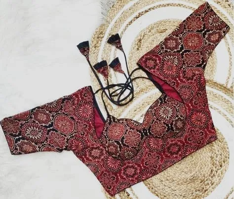 Elegant Maroon & Black Printed Blouse | Stylish Back-Tie Designer Saree Blouse