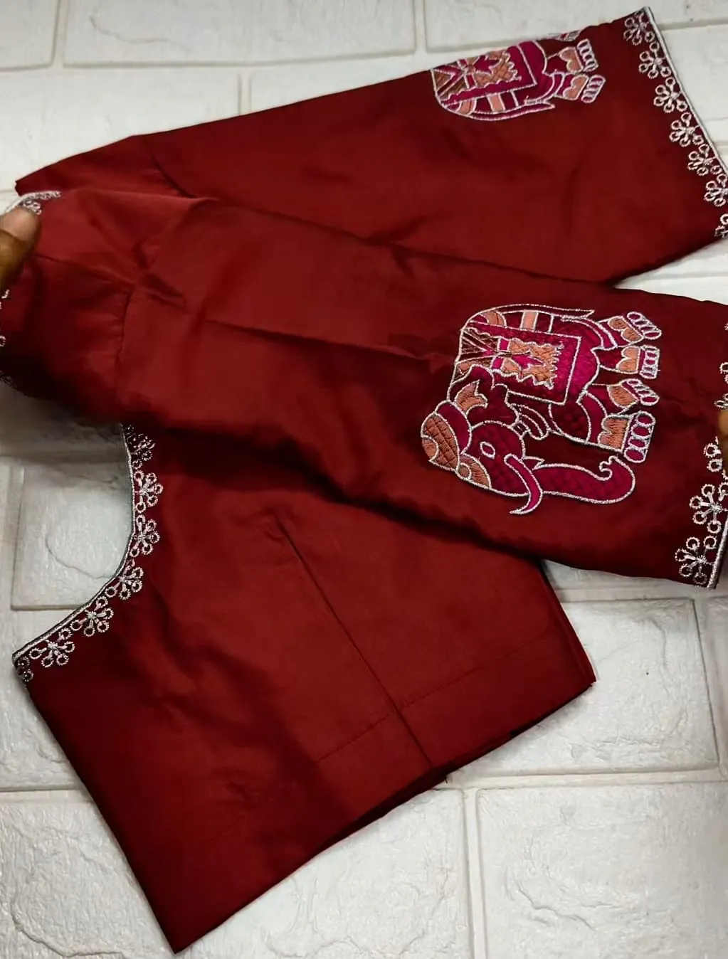 Elegant Maroon Silk Blouse with Elephant Computer Embroidery Sleeves | Designer Bridal & Festive Wear 1