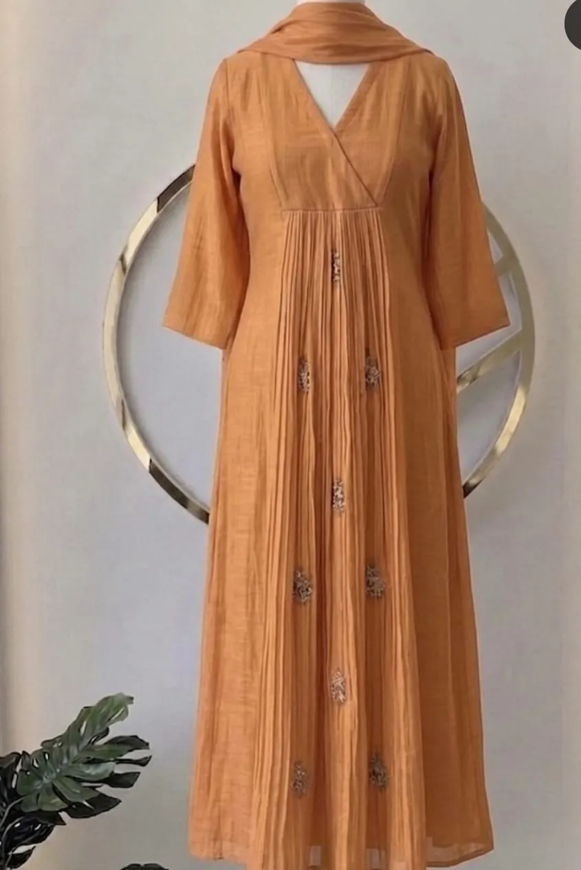 Elegant Mustard Yellow A-Line Kurta: Featuring Sophisticated Pleats & Minimalist Embroidery 1