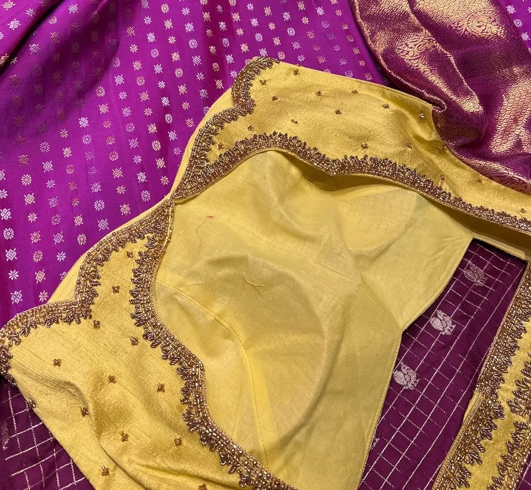 Elegant Mustard Yellow Silk Blouse | Minimalist Aari Hand-Embroidered Design