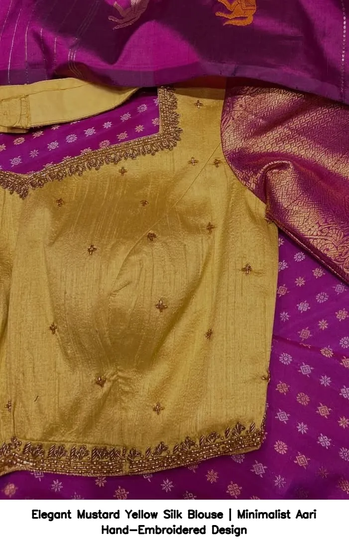 Elegant Mustard Yellow Silk Blouse | Minimalist Aari Hand-Embroidered Design 2