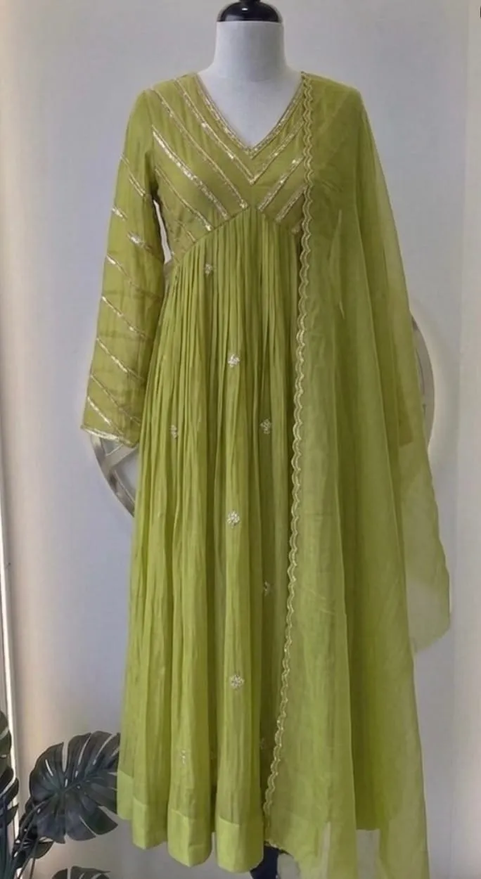 Elegant Olive Green A-Line Kurta: Featuring Fine Pleats & Sophisticated Gota Patti Work