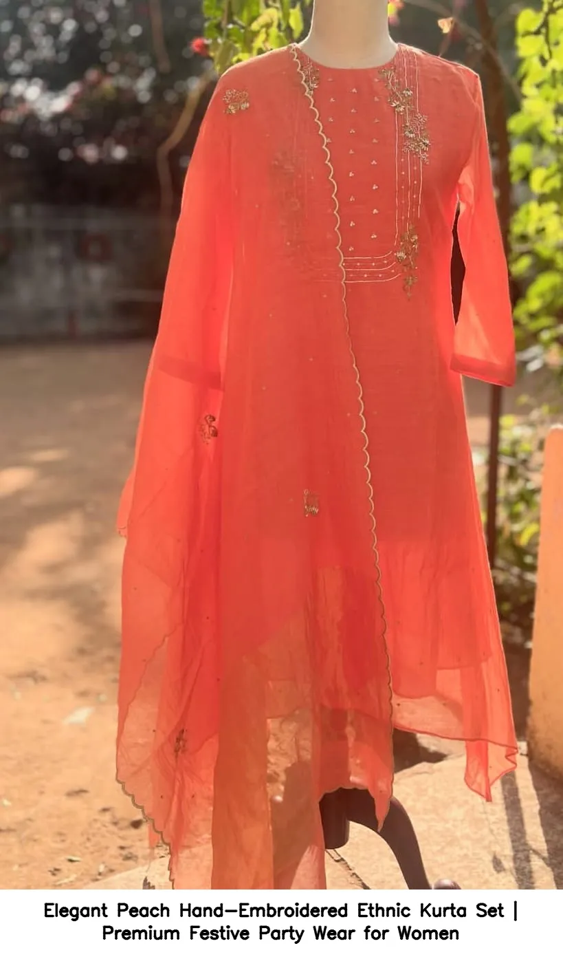 Elegant Peach Hand-Embroidered Ethnic Kurta Set | Premium Festive Party Wear for Women 3