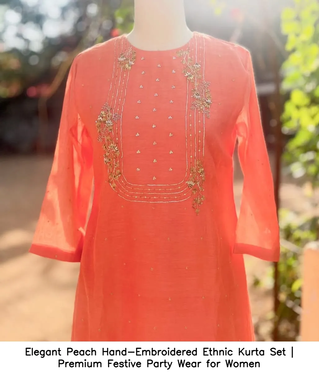 Elegant Peach Hand-Embroidered Ethnic Kurta Set | Premium Festive Party Wear for Women 4