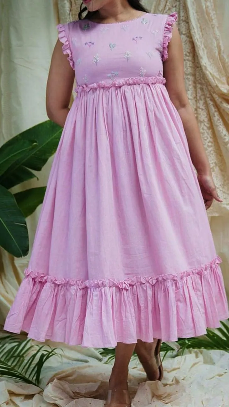 Elegant Pink A-Line Ethnic Midi Dress with Delicate Thread Work 1