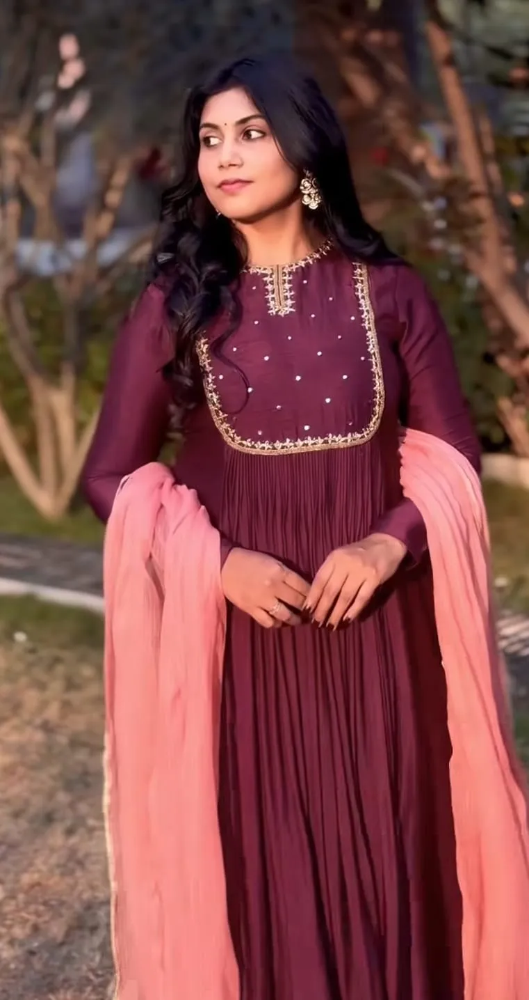 Elegant Pleated Silk Anarkali Suit with Contrast Peach Pink Dupatta | Ethnic Partywear Long Frock