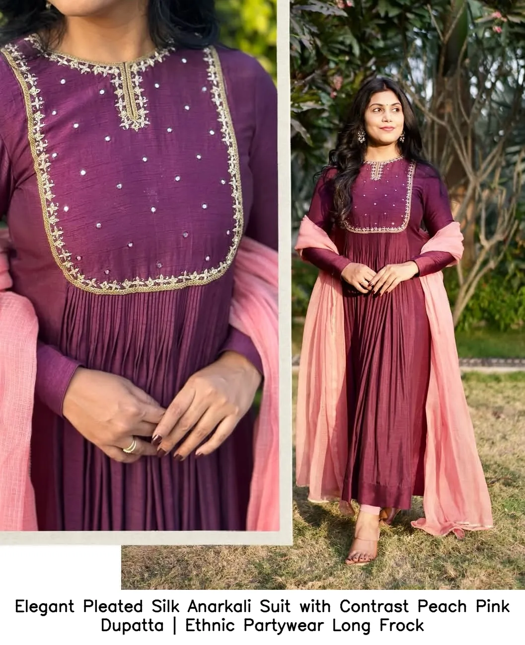 Elegant Pleated Silk Anarkali Suit with Contrast Peach Pink Dupatta | Ethnic Partywear Long Frock 2