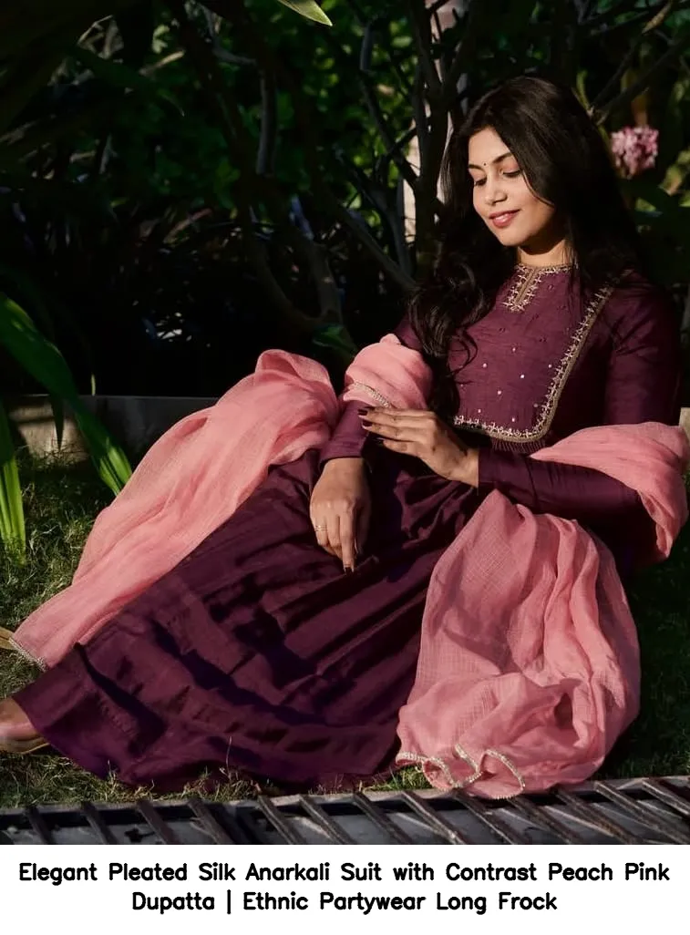 Elegant Pleated Silk Anarkali Suit with Contrast Peach Pink Dupatta | Ethnic Partywear Long Frock 3