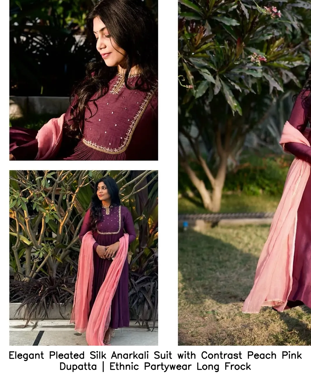 Elegant Pleated Silk Anarkali Suit with Contrast Peach Pink Dupatta | Ethnic Partywear Long Frock 4