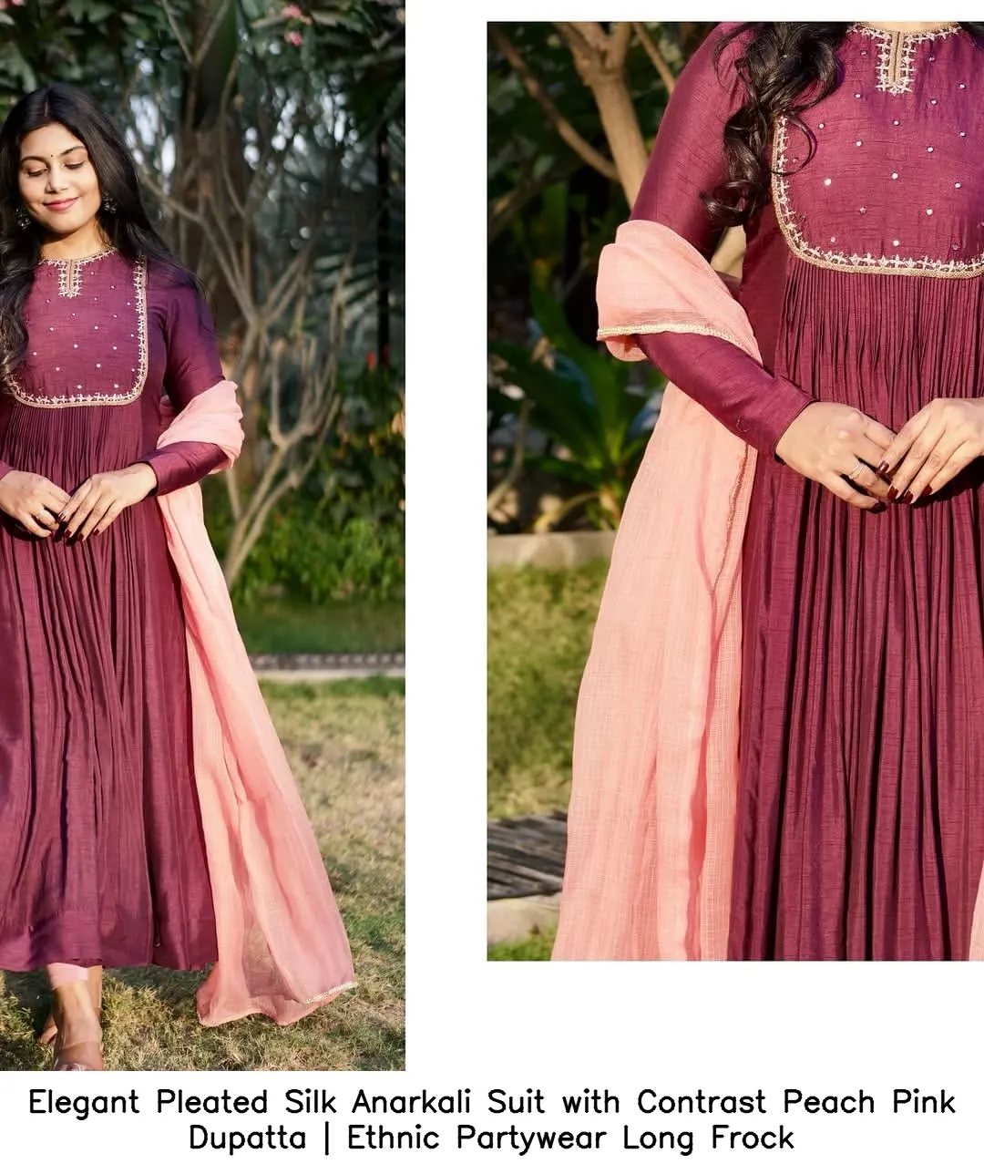 Elegant Pleated Silk Anarkali Suit with Contrast Peach Pink Dupatta | Ethnic Partywear Long Frock 5