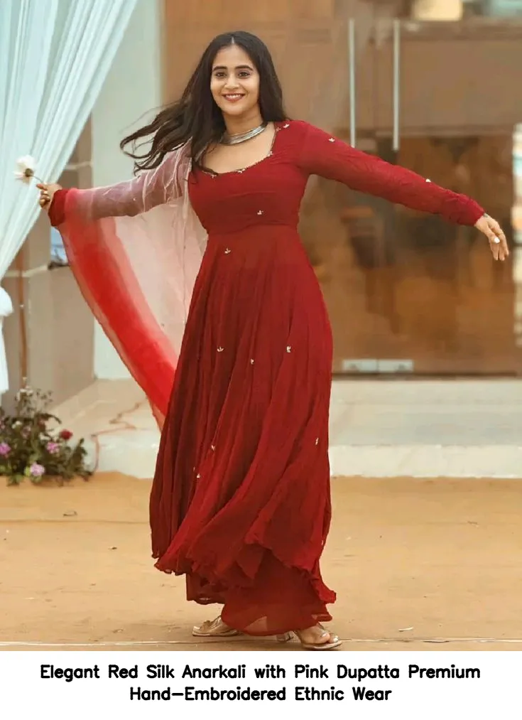 Elegant Red Silk Anarkali with Pink Dupatta – Premium Hand-Embroidered Ethnic Wear 2