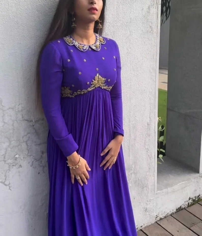 Elegant Royal Purple Anarkali Gown with Intricate Hand-Embroidered Collar