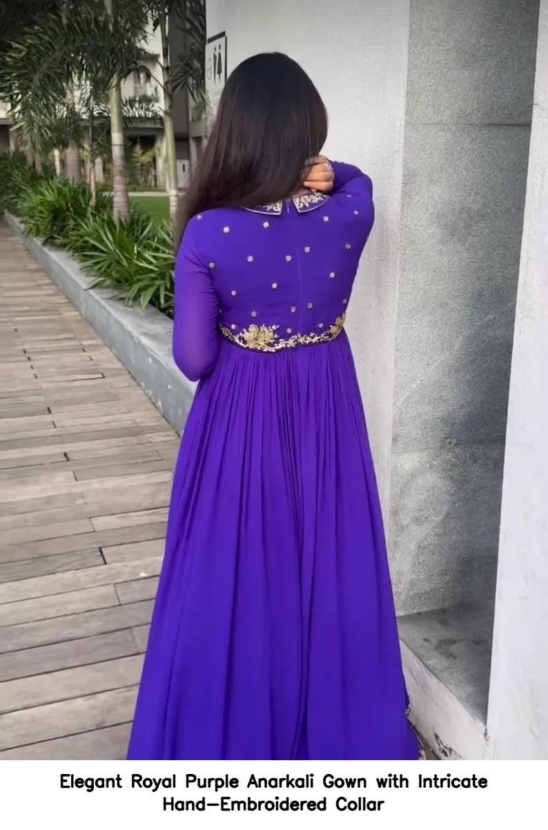 Elegant Royal Purple Anarkali Gown with Intricate Hand-Embroidered Collar 3