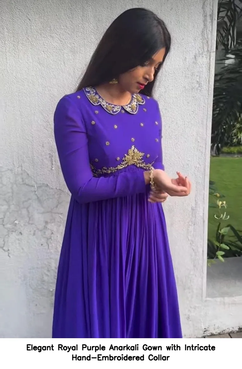 Elegant Royal Purple Anarkali Gown with Intricate Hand-Embroidered Collar 7