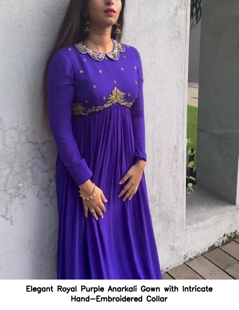 Elegant Royal Purple Anarkali Gown with Intricate Hand-Embroidered Collar 9