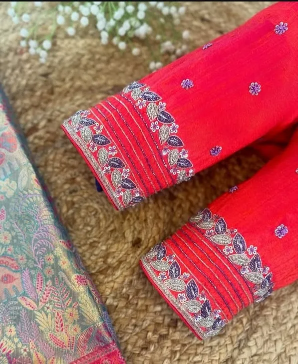 Elegant Scallop Back Neck Coral Pink Saree Blouse | Silver Aari Work Silk Blouse with Dori