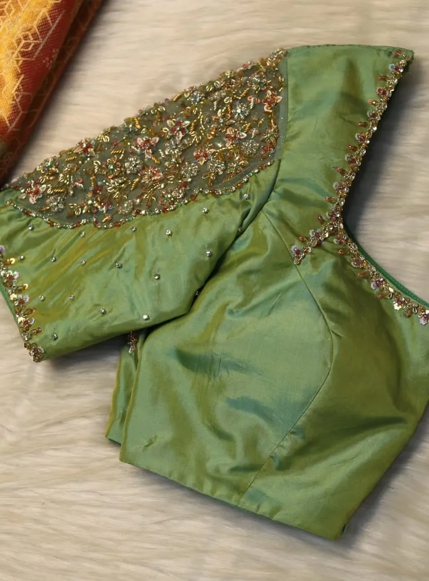 Elegant Sea Green Hand-Embroidered Blouse with Sequins and Thread Work | Bespoke Ethnic Wear