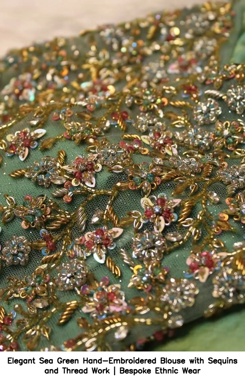 Elegant Sea Green Hand-Embroidered Blouse with Sequins and Thread Work | Bespoke Ethnic Wear 2