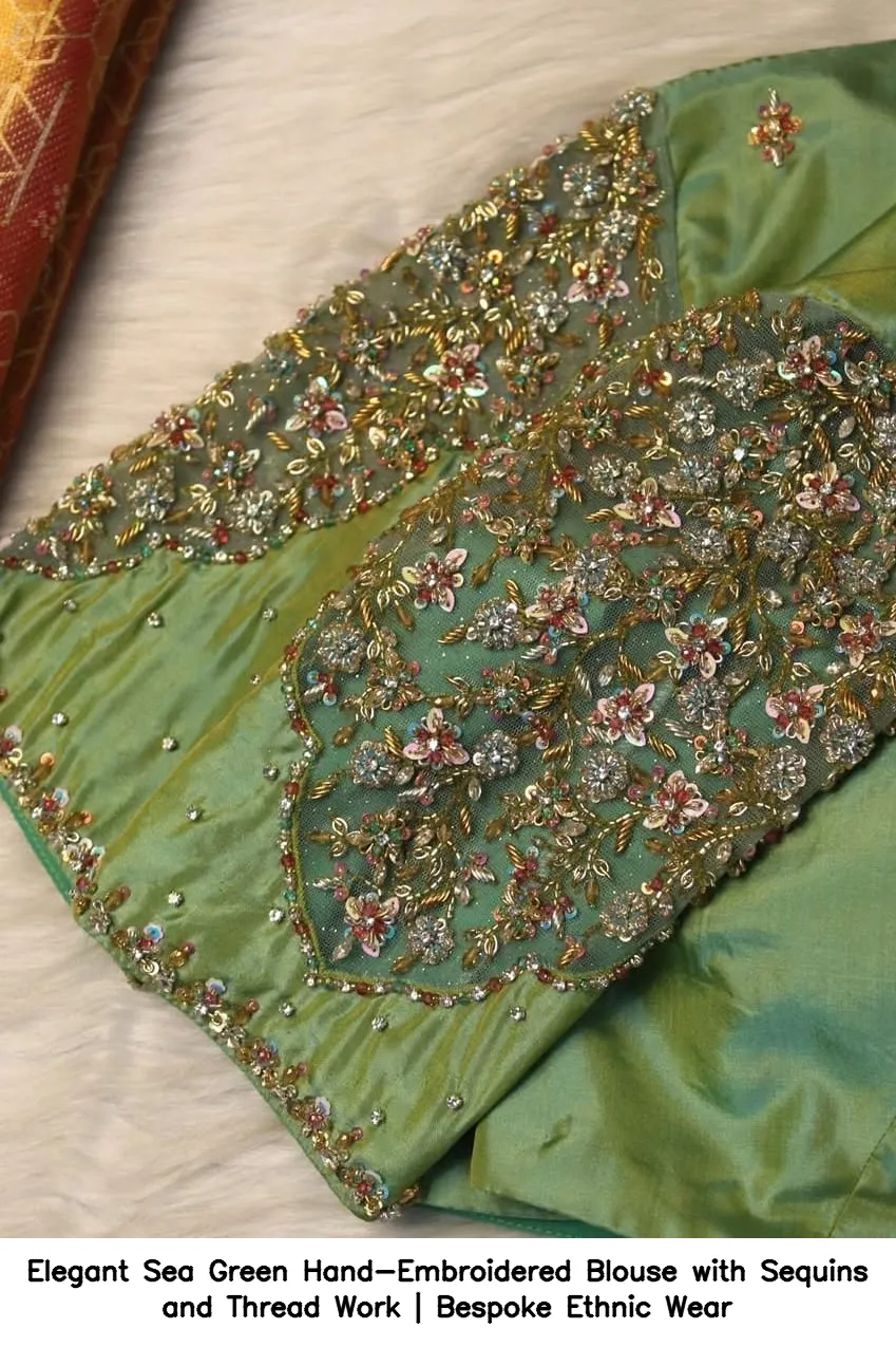 Elegant Sea Green Hand-Embroidered Blouse with Sequins and Thread Work | Bespoke Ethnic Wear 3