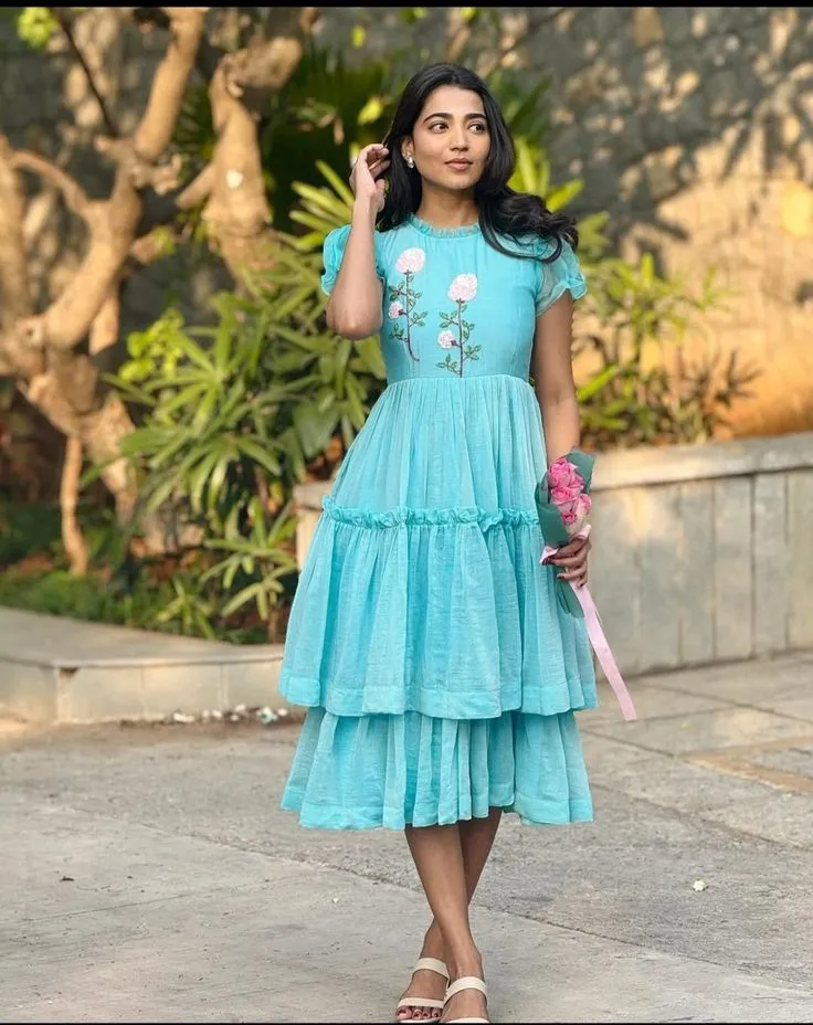 Elegant Sky Blue A-Line Midi Dress with Hand-Embroidered Floral Details