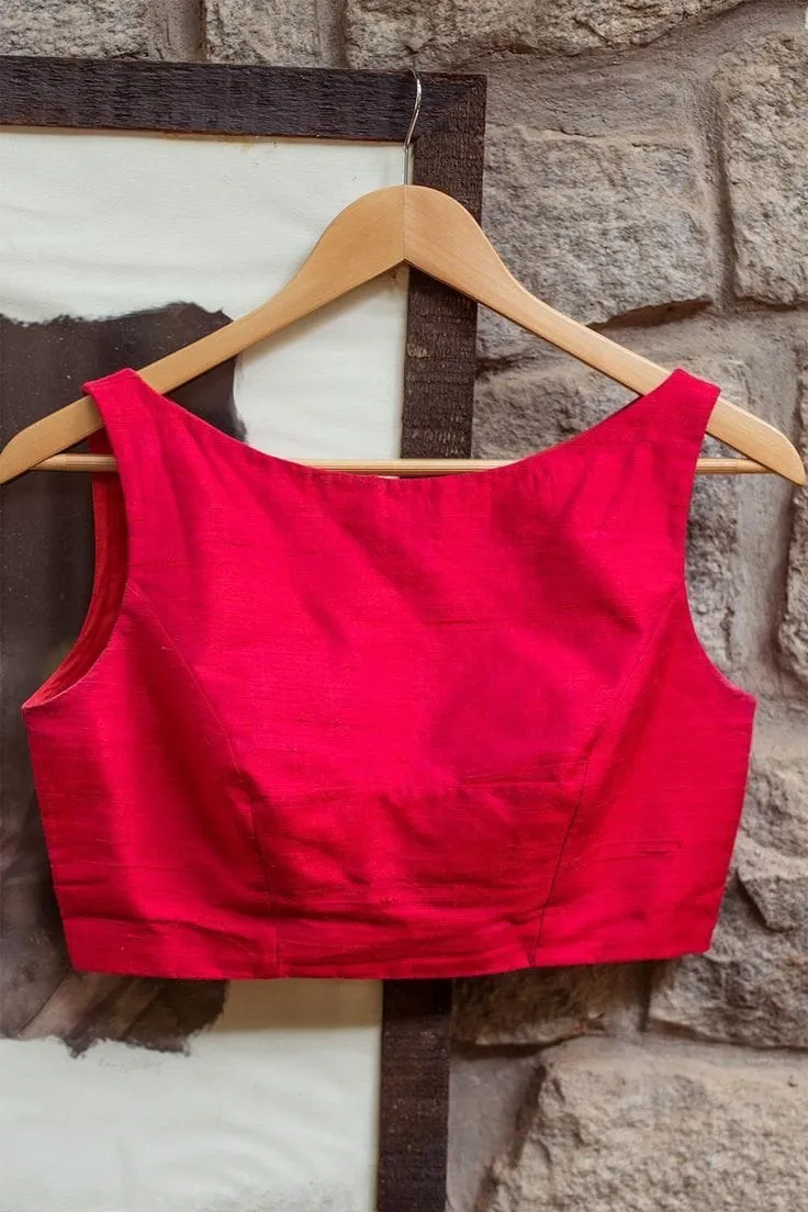 Elegant Sleeveless Red Silk Saree Blouse – Boat Neck, Ready-to-Wear Ethnic Blouse 1